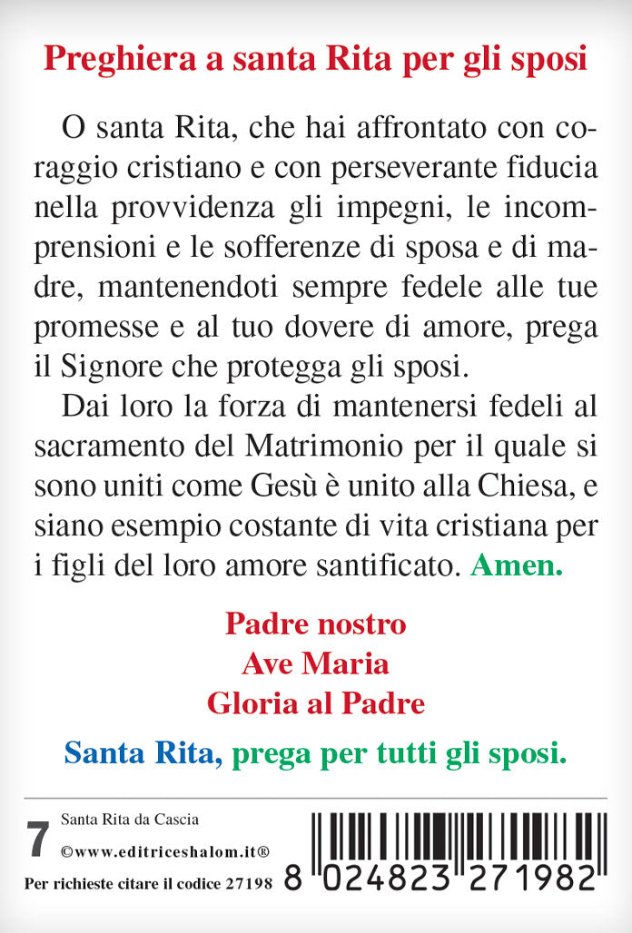 Santino santa Rita con retro "Preghiera a santa Rita per gli sposi"
