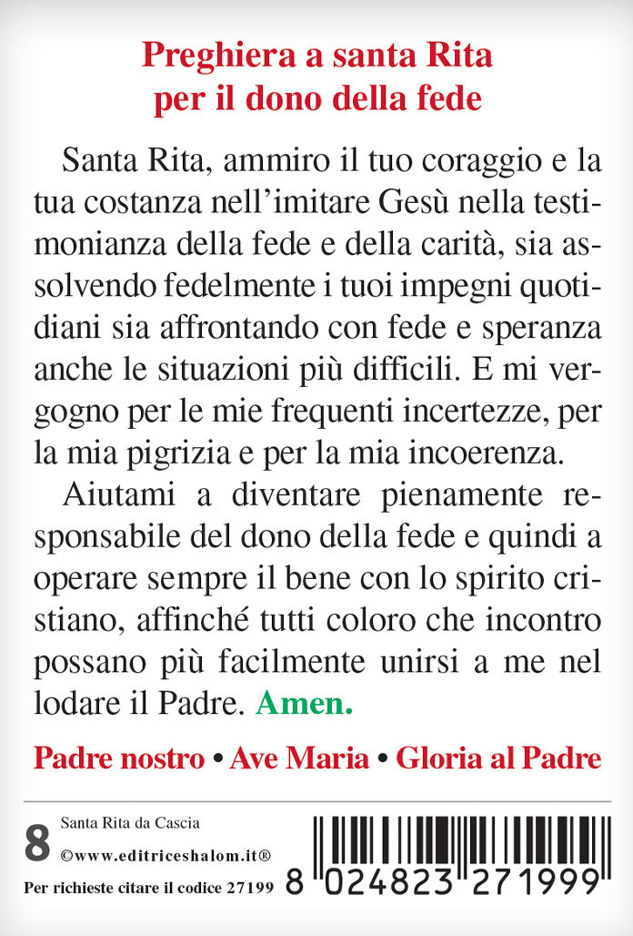 Santino santa Rita con retro "Preghiera a santa Rita per il dono della fede"