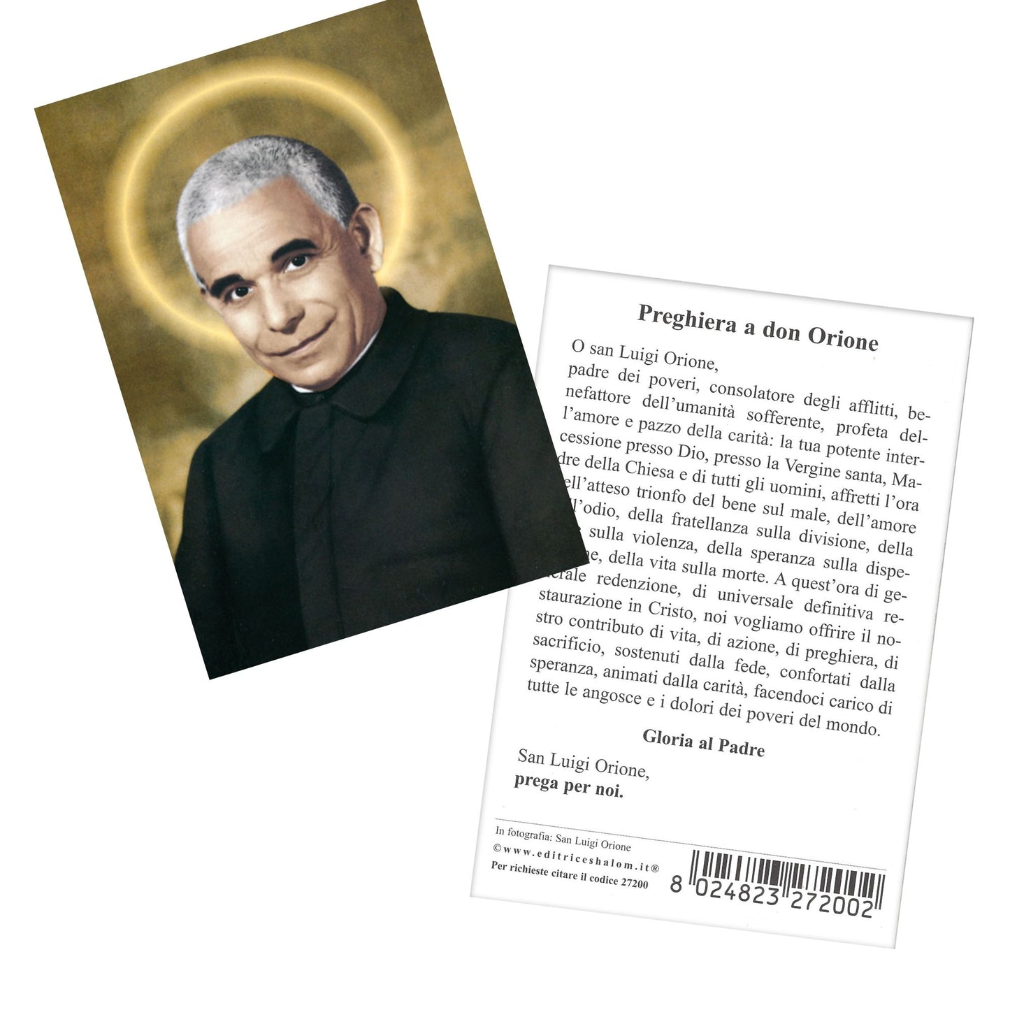 Santino san Luigi Orione. Sul retro "Preghiera a don Orione"