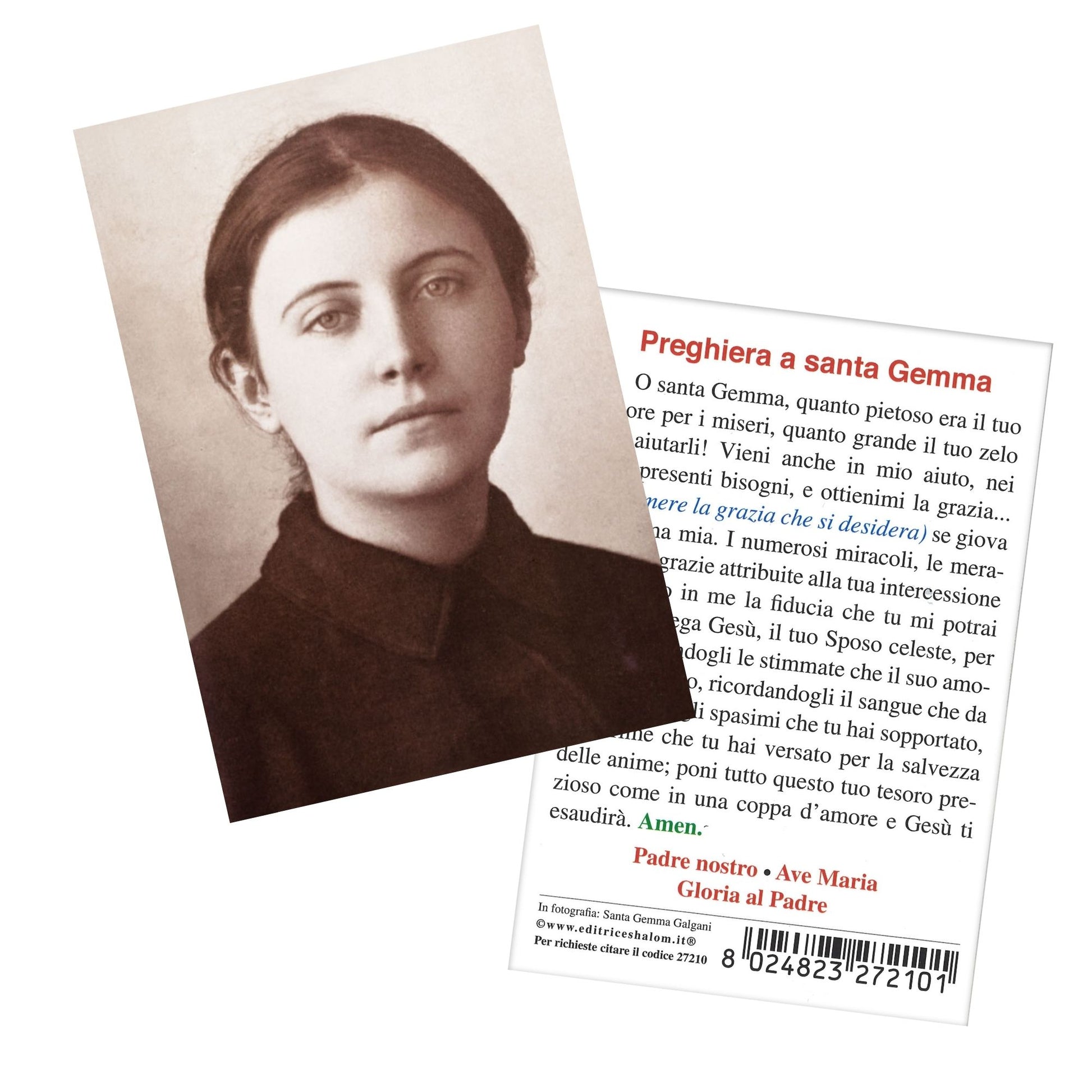 Santino santa Gemma Galgani in bianco e nero. Sul retro "Preghiera a santa Gemma"