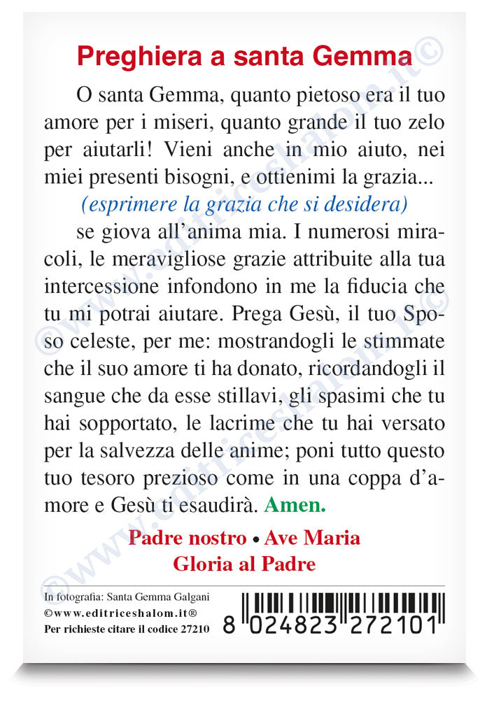 Santino santa Gemma Galgani in bianco e nero. Sul retro "Preghiera a santa Gemma"
