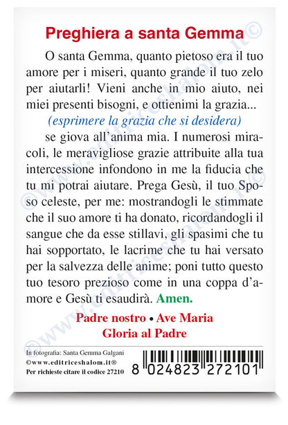 Santino santa Gemma Galgani in bianco e nero. Sul retro "Preghiera a santa Gemma"