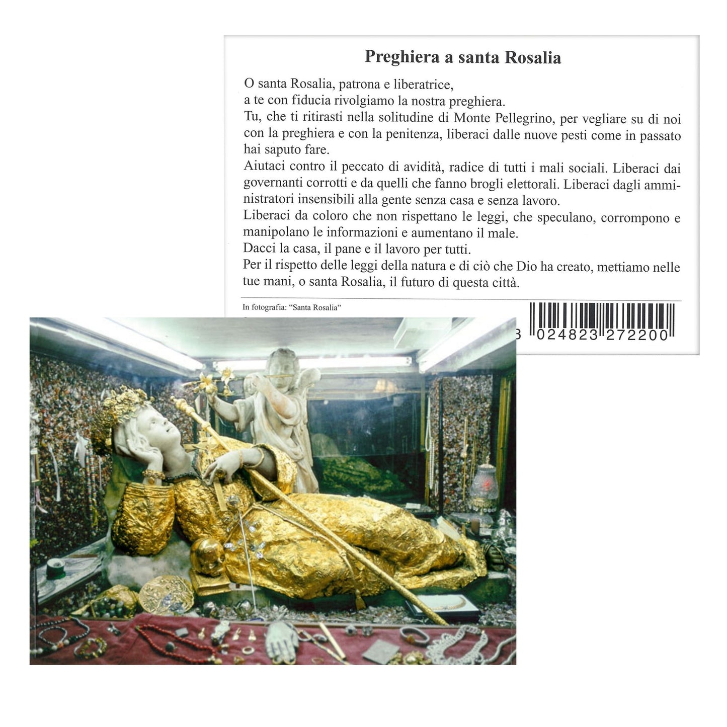 Santino statua santa Rosalia. Sul retro "Preghiera a santa Rosalia"