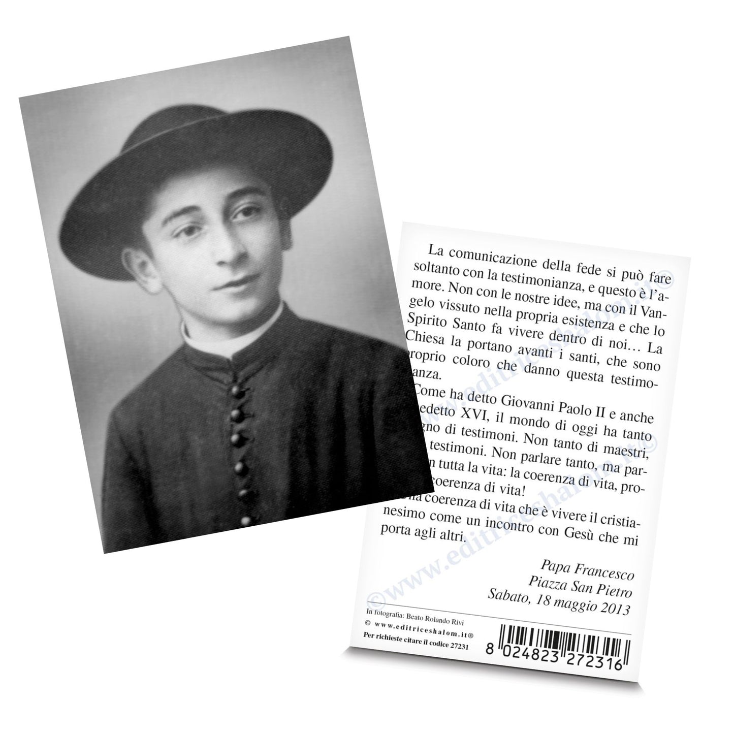 Santino Rolando Rivi. Sul retro frase di papa Francesco
