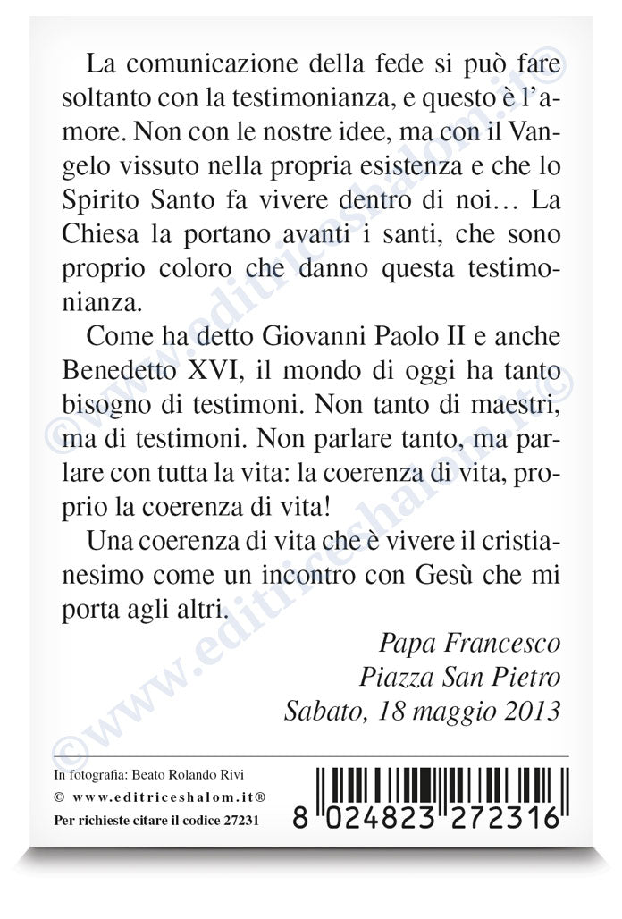 Santino Rolando Rivi. Sul retro frase di papa Francesco