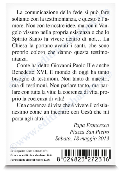 Santino Rolando Rivi. Sul retro frase di papa Francesco