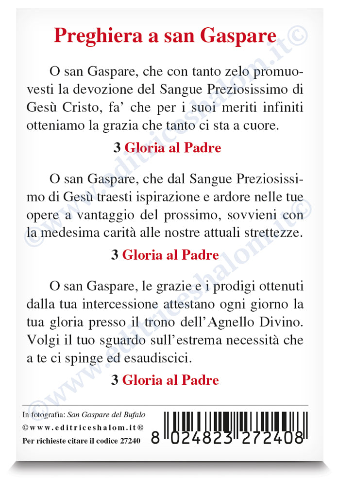 Santino san Gaspare del Bufalo. Sul retro "Preghiera a san Gaspare"