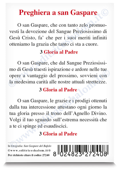 Santino san Gaspare del Bufalo. Sul retro "Preghiera a san Gaspare"