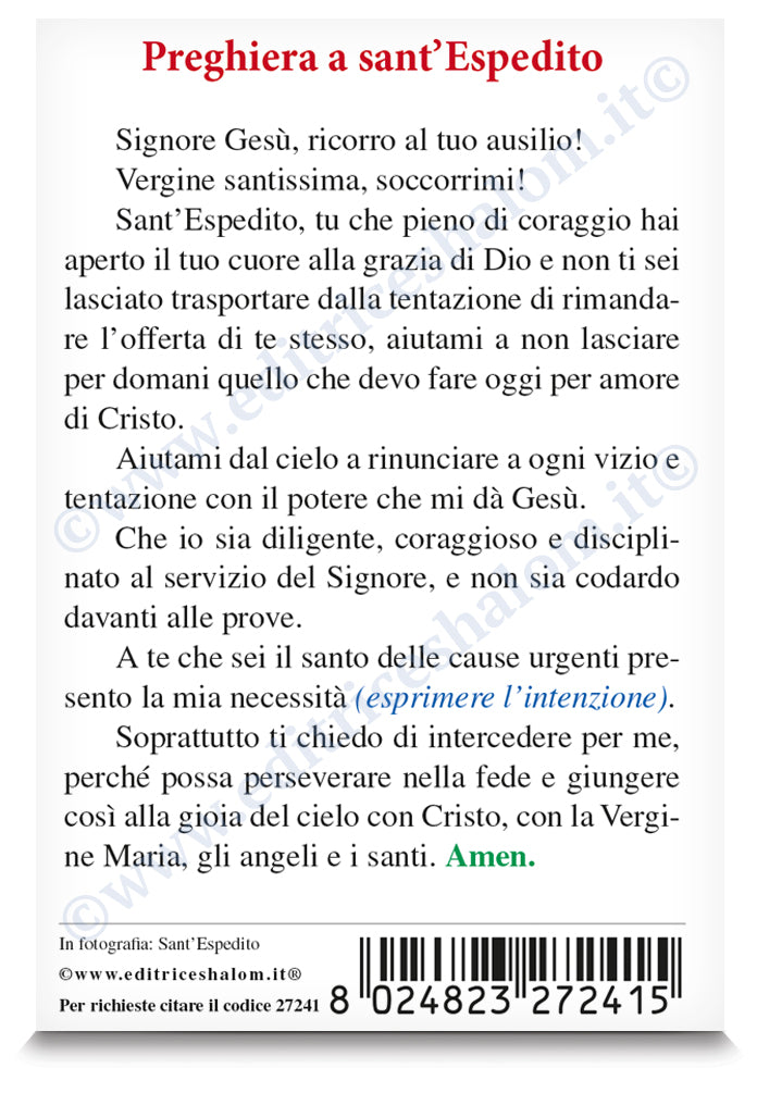 Santino sant'Espedito con retro preghiera