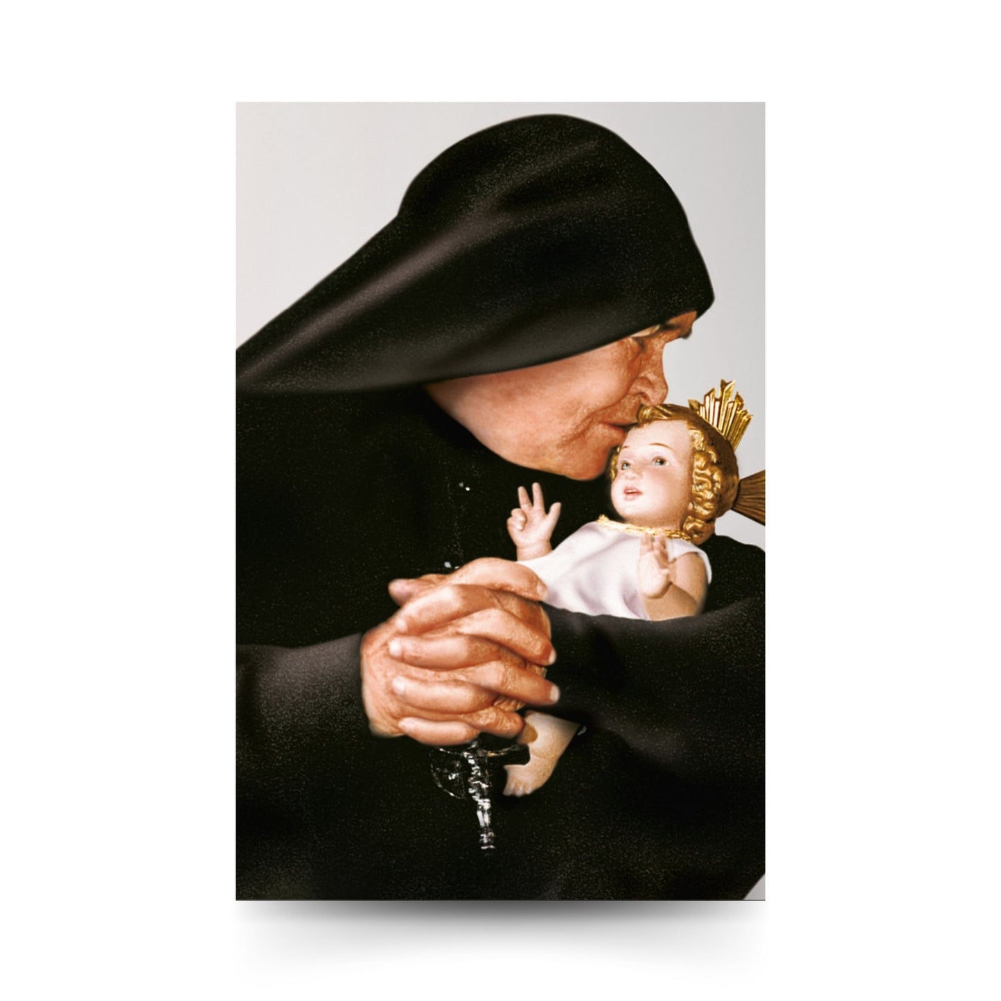 Santino con foto Madre Speranza che abbraccia statua Gesù Bambino e retro preghiera "Per piccoli che..."