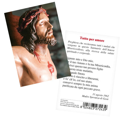 Santino con particolare del crocifisso di Collevalenza e retro preghiera "Tutto per amore..."