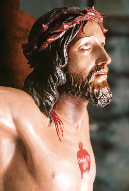Santino con particolare del crocifisso di Collevalenza e retro preghiera "Tutto per amore..."