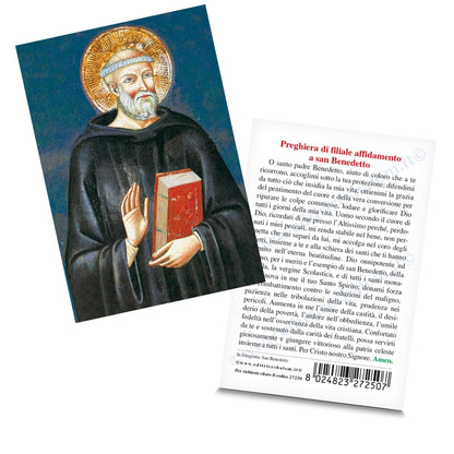Santino san Benedetto. Sul retro "Preghiera di filiale affidamento a san Benedetto"