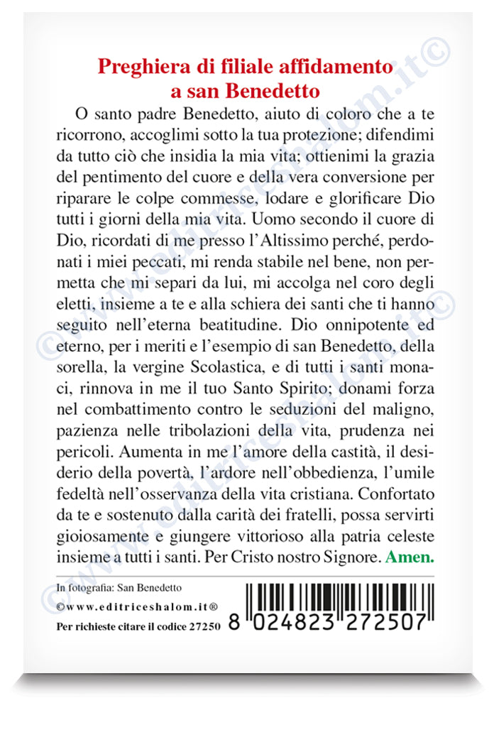 Santino san Benedetto. Sul retro "Preghiera di filiale affidamento a san Benedetto"
