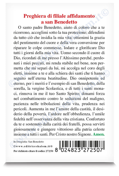 Santino san Benedetto. Sul retro "Preghiera di filiale affidamento a san Benedetto"