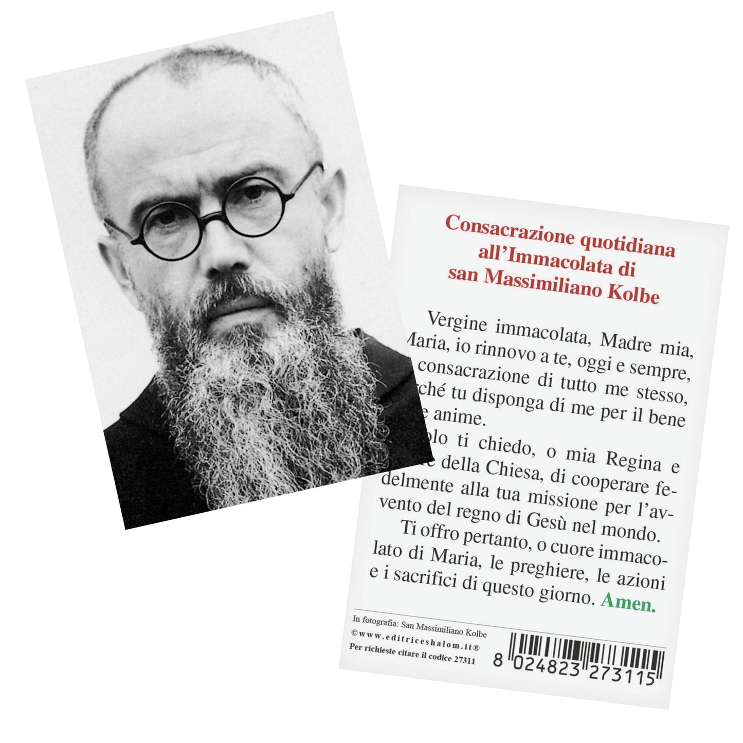 Santino san Massimiliano Kolbe con retro "Consacrazione quotidiana all'Immacolata di san Massimiliano Kolbe"