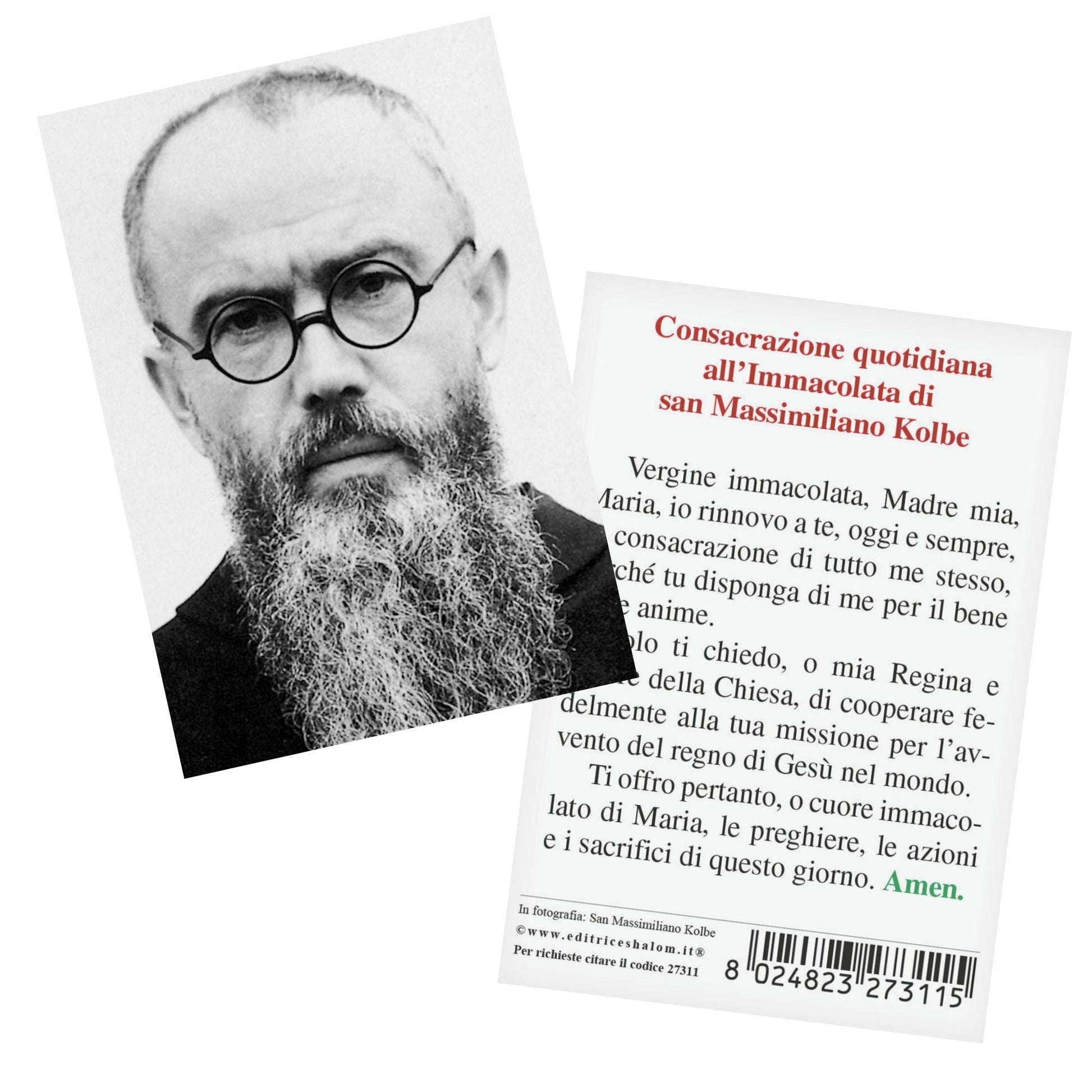 Santino san Massimiliano Kolbe con retro "Consacrazione quotidiana all'Immacolata di san Massimiliano Kolbe"