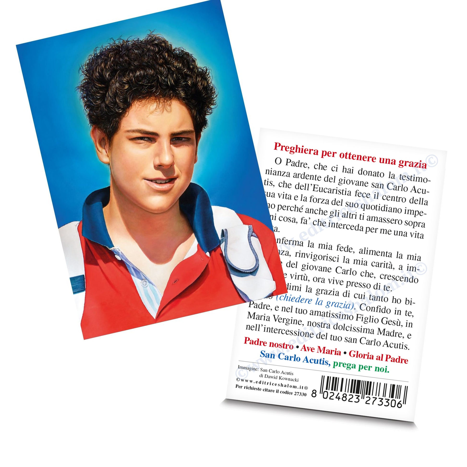 Santino San Carlo Acutis con retro preghiera per ottenere una grazia