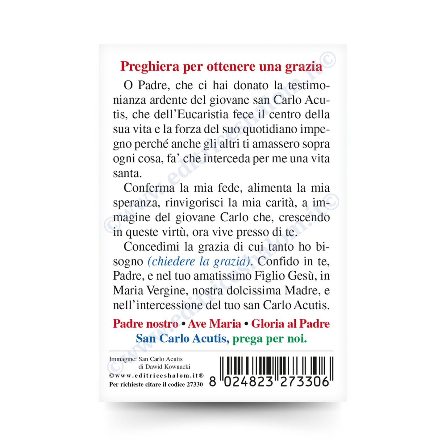 Santino San Carlo Acutis con retro preghiera per ottenere una grazia