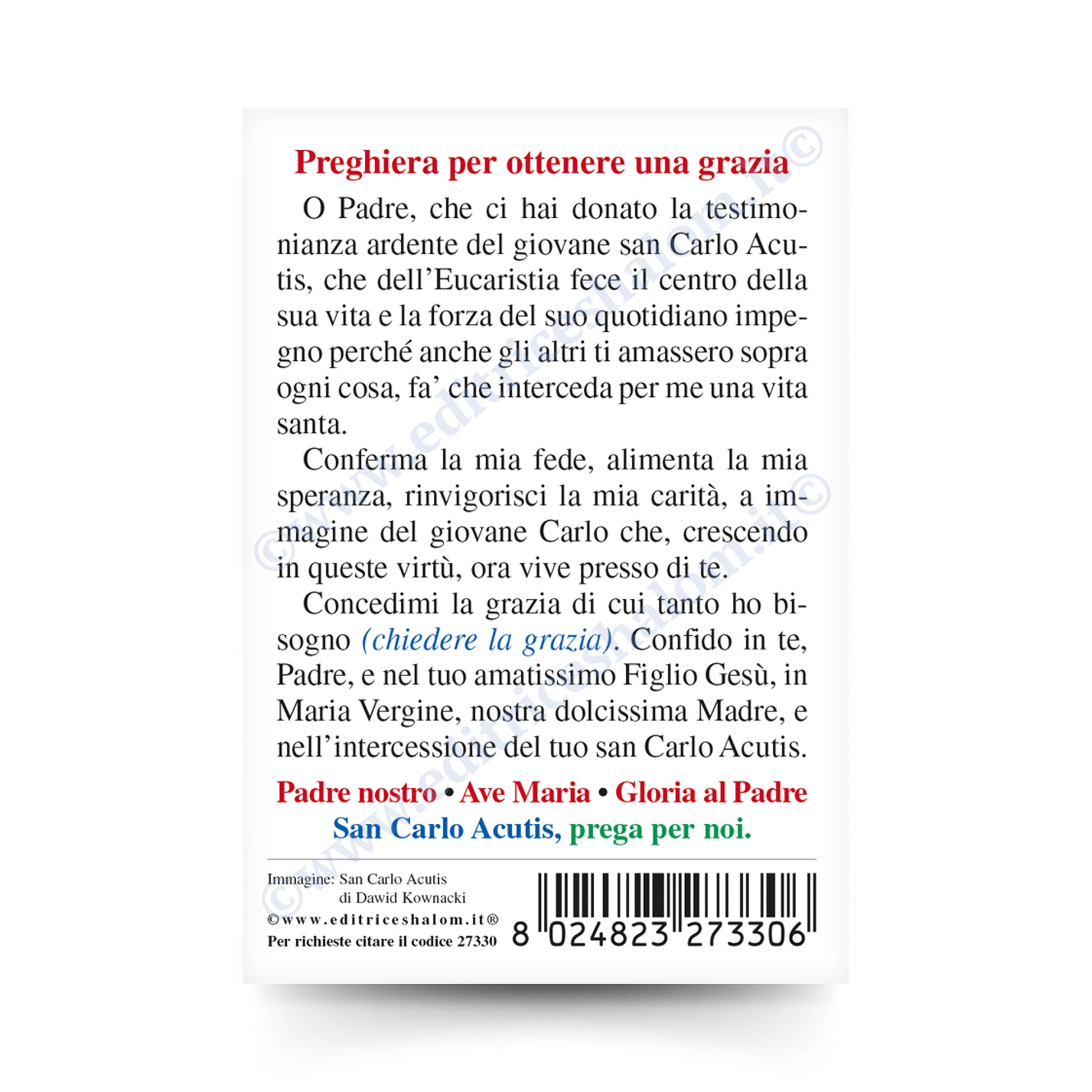 Santino San Carlo Acutis con retro preghiera per ottenere una grazia