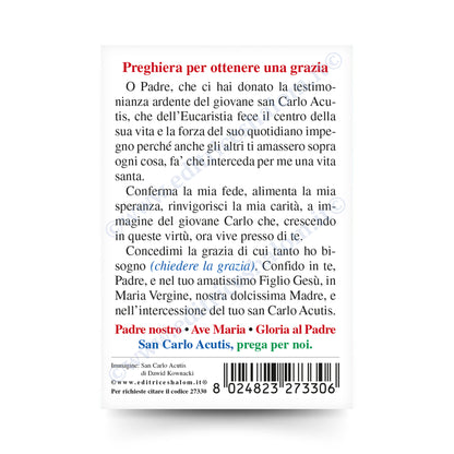 Santino San Carlo Acutis con retro preghiera per ottenere una grazia