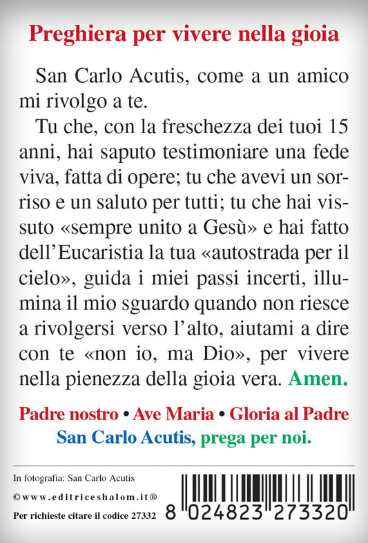 Santino San Carlo Acutis con retro preghiera a San Carlo Acutis