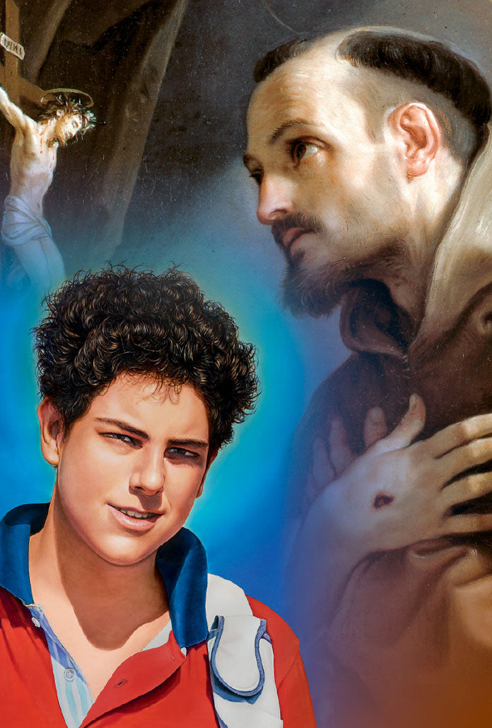 Santino San Carlo Acutis con retro preghiera a Gesù con San Francesco a San Carlo Acutis