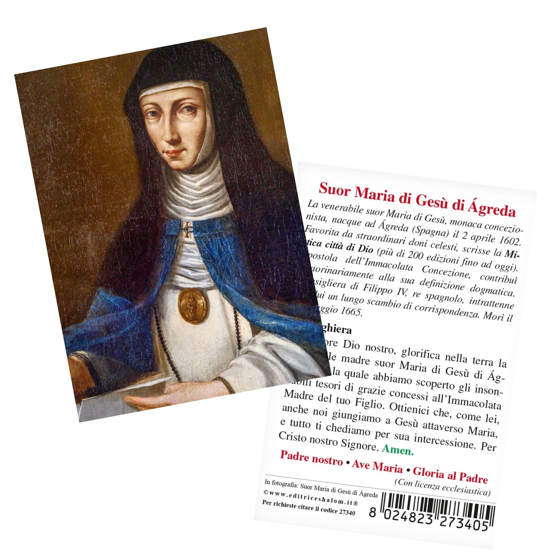 Santino Suor Maria di Gesù di Agreda con retro Breve storia e preghiera alla Suora