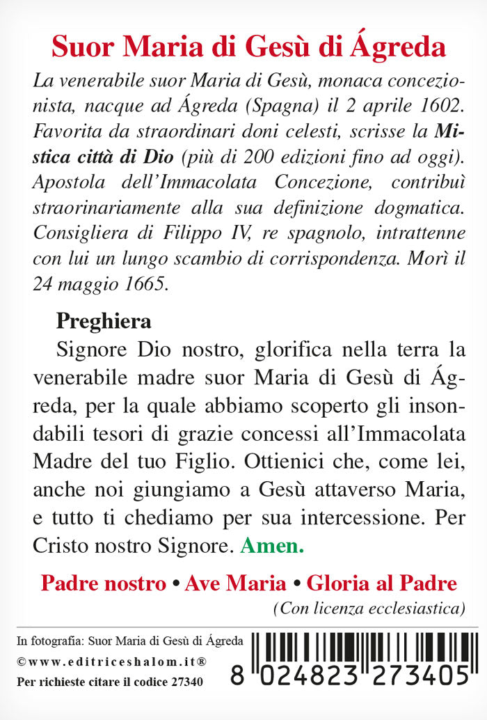 Santino Suor Maria di Gesù di Agreda con retro Breve storia e preghiera alla Suora