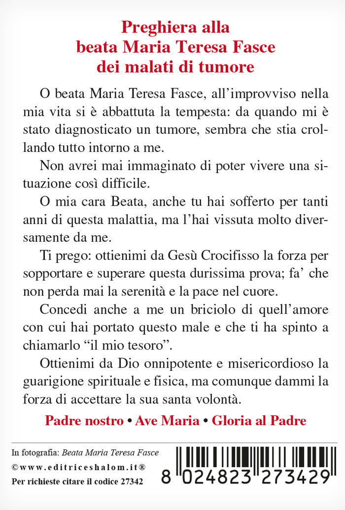 Santino Beata Fasce con retro "Preghiera alla beata Maria Teresa Fasce dei malati di tumore"