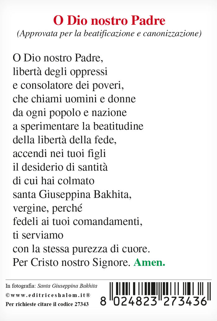 Santino Bakhita con retro preghiera "O Dio nostro Padre"