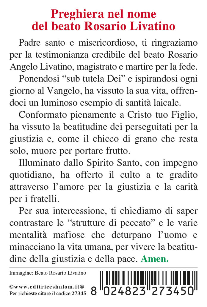 Santino Rosario Livatino cm 7x10 con retro preghiera