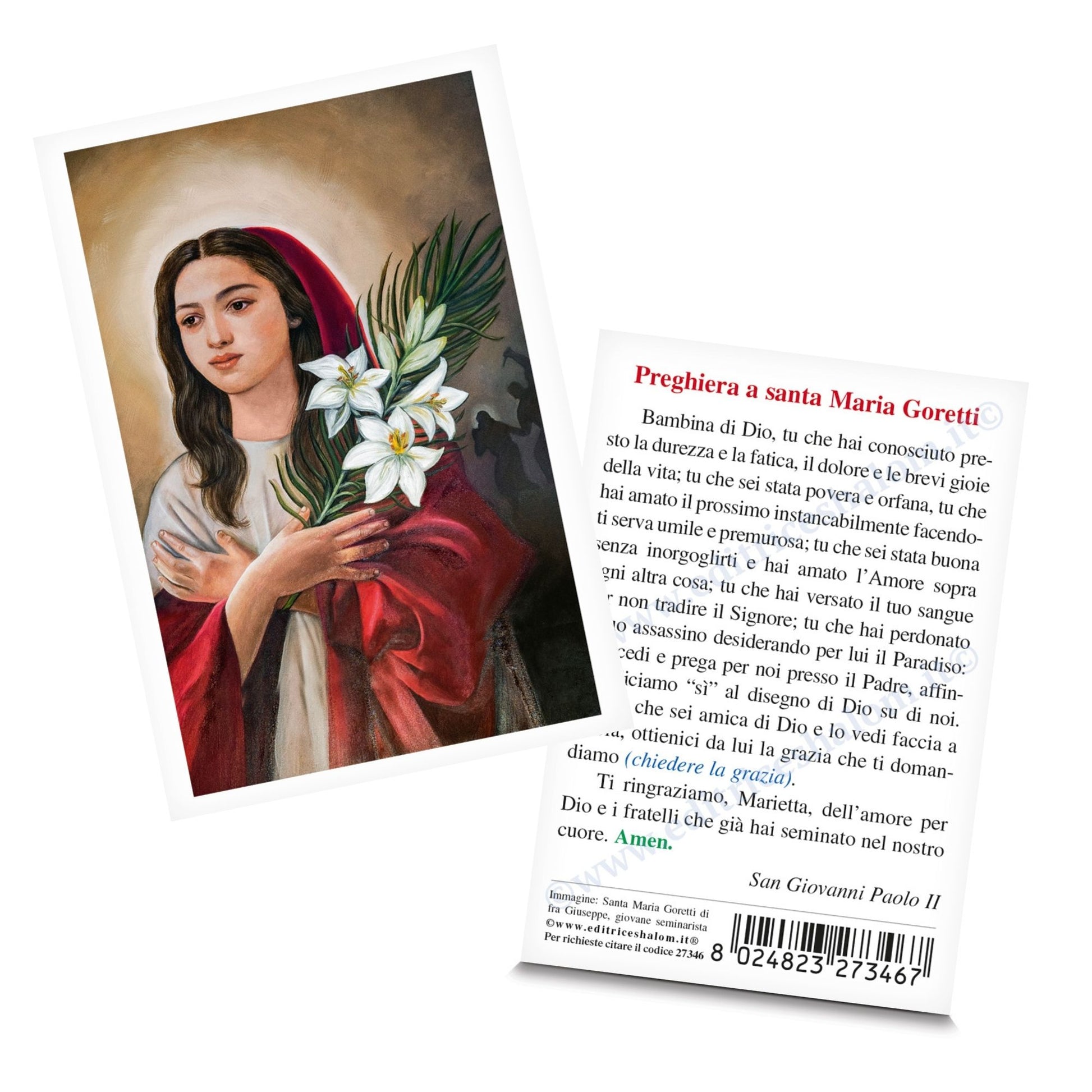 Santino santa Maria Goretti con retro "Preghiera a santa Maria Goretti" di s. Giovanni Paolo II