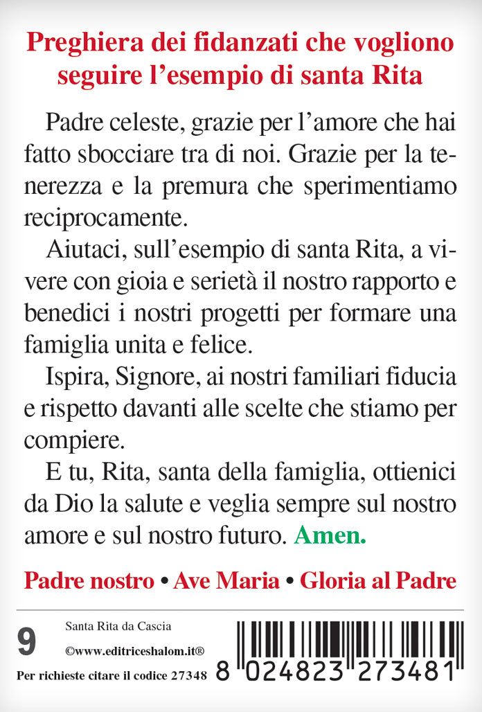 Santino santa Rita con retro "Preghiera dei fidanzati che vogliono seguire l'esempio di santa Rita"