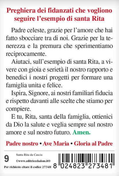 Santino santa Rita con retro "Preghiera dei fidanzati che vogliono seguire l'esempio di santa Rita"