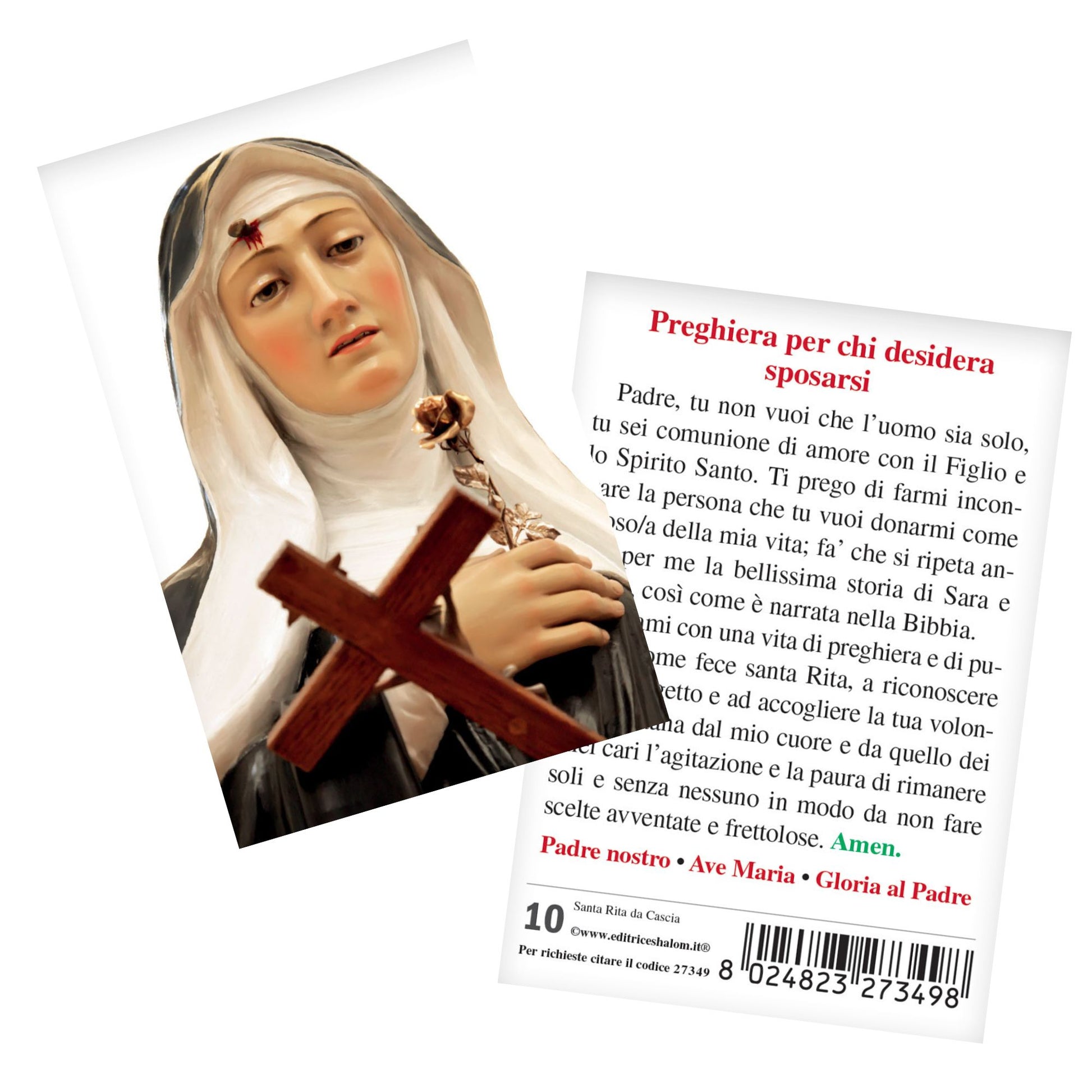 Santino santa Rita con retro "Preghiera per chi desidera incontrare la persona per formare una famiglia"
