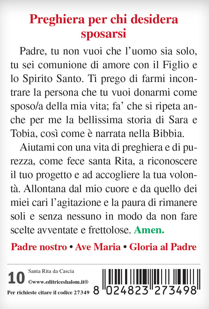 Santino santa Rita con retro "Preghiera per chi desidera incontrare la persona per formare una famiglia"