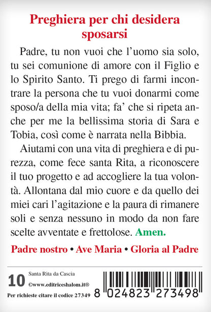 Santino santa Rita con retro "Preghiera per chi desidera incontrare la persona per formare una famiglia"