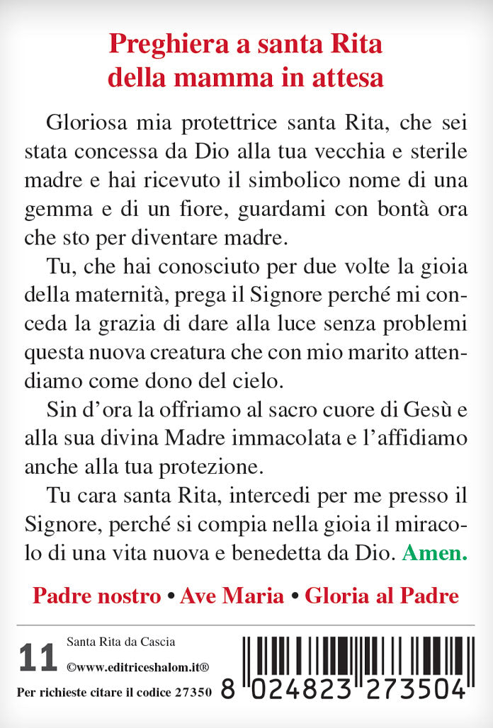 Santino santa Rita con retro "Preghiera a santa Rita della mamma in attesa"