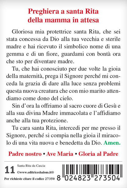 Santino santa Rita con retro "Preghiera a santa Rita della mamma in attesa"