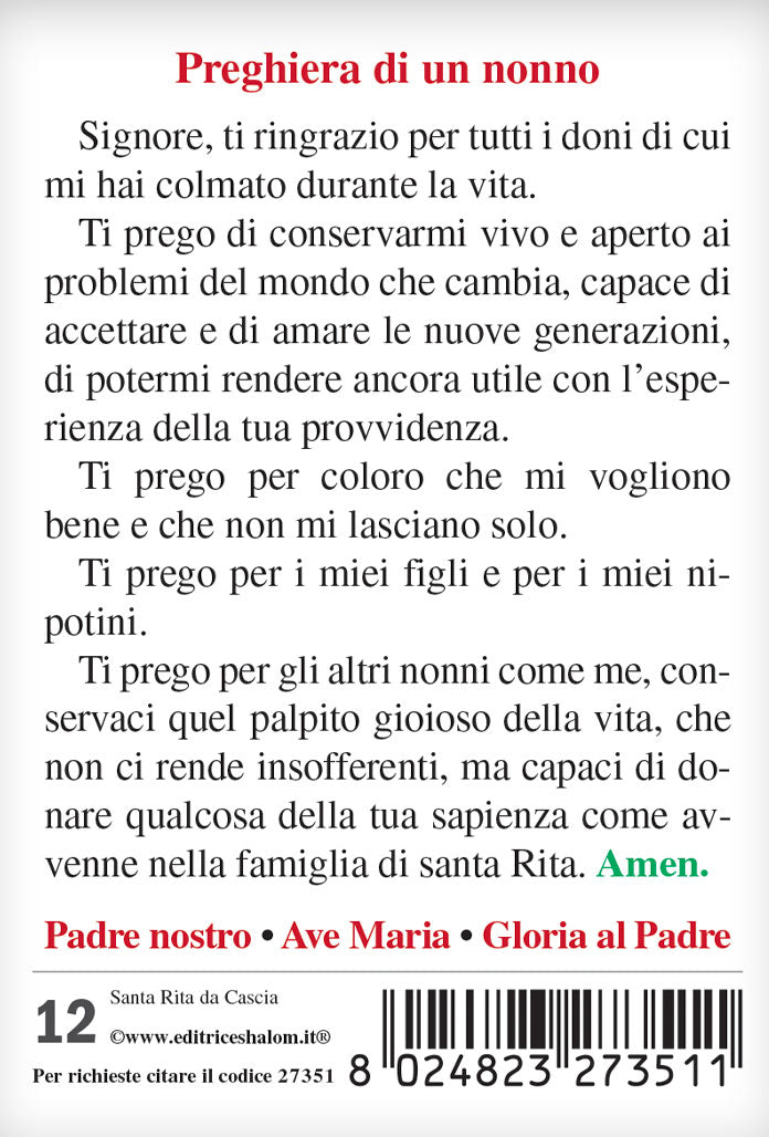 Santino santa Rita con retro "Preghiera di un nonno"