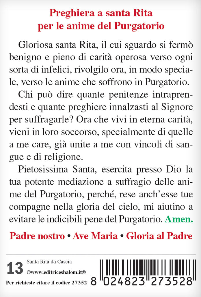 Santino santa Rita con retro "Preghiera a santa Rita per le anime del Purgatorio"