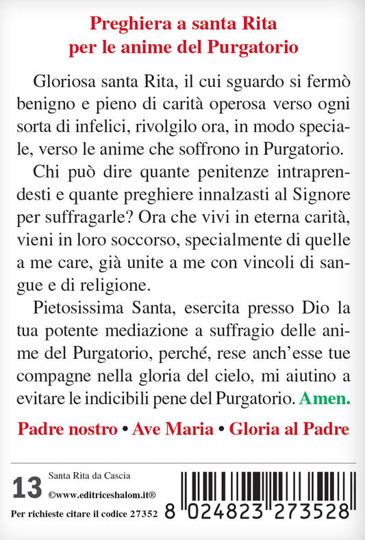 Santino santa Rita con retro "Preghiera a santa Rita per le anime del Purgatorio"