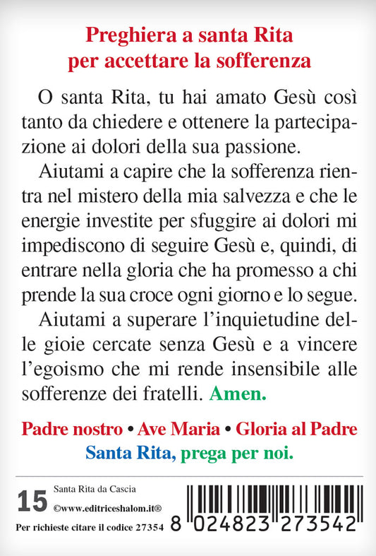 Santino santa Rita con retro "Preghiera a santa Rita per accettare la sofferenza"