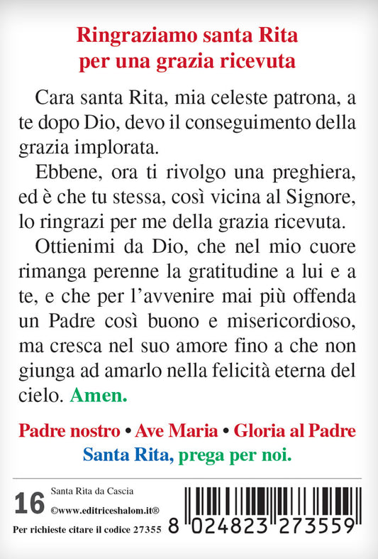 Santino santa Rita con retro "Ringraziamento a santa Rita per una grazia ricevuta"