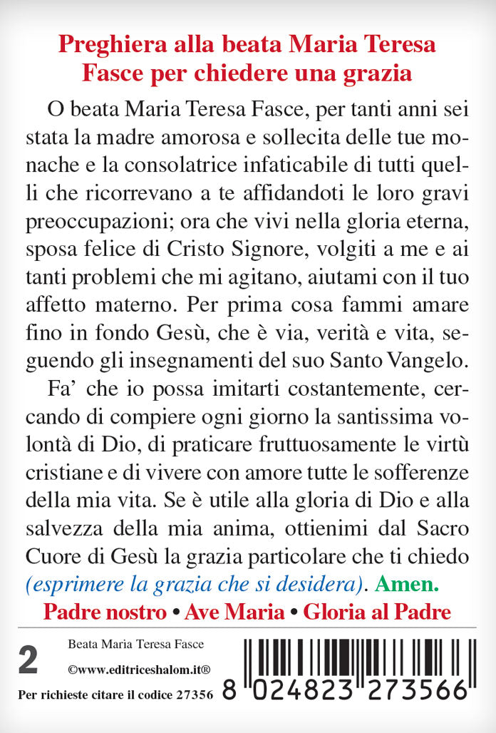 Santino beata Maria Teresa Fasce con retro "Preghiera alla beata Maria Teresa Fasce per chiedere una grazia"