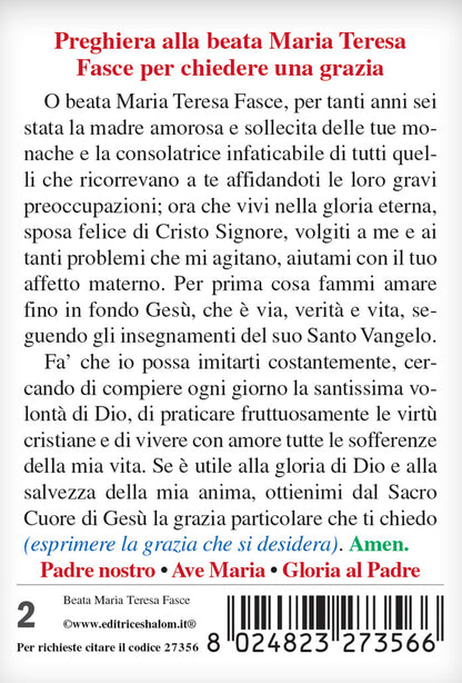 Santino beata Maria Teresa Fasce con retro "Preghiera alla beata Maria Teresa Fasce per chiedere una grazia"