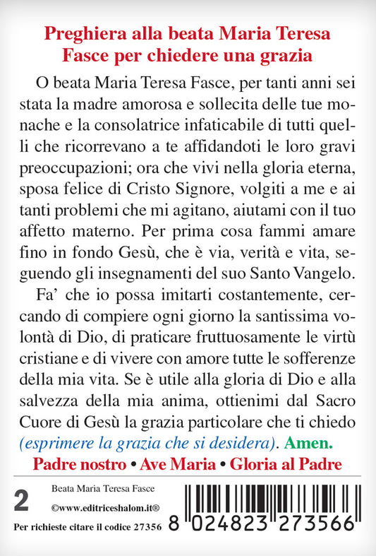 Santino beata Maria Teresa Fasce con retro "Preghiera alla beata Maria Teresa Fasce per chiedere una grazia"