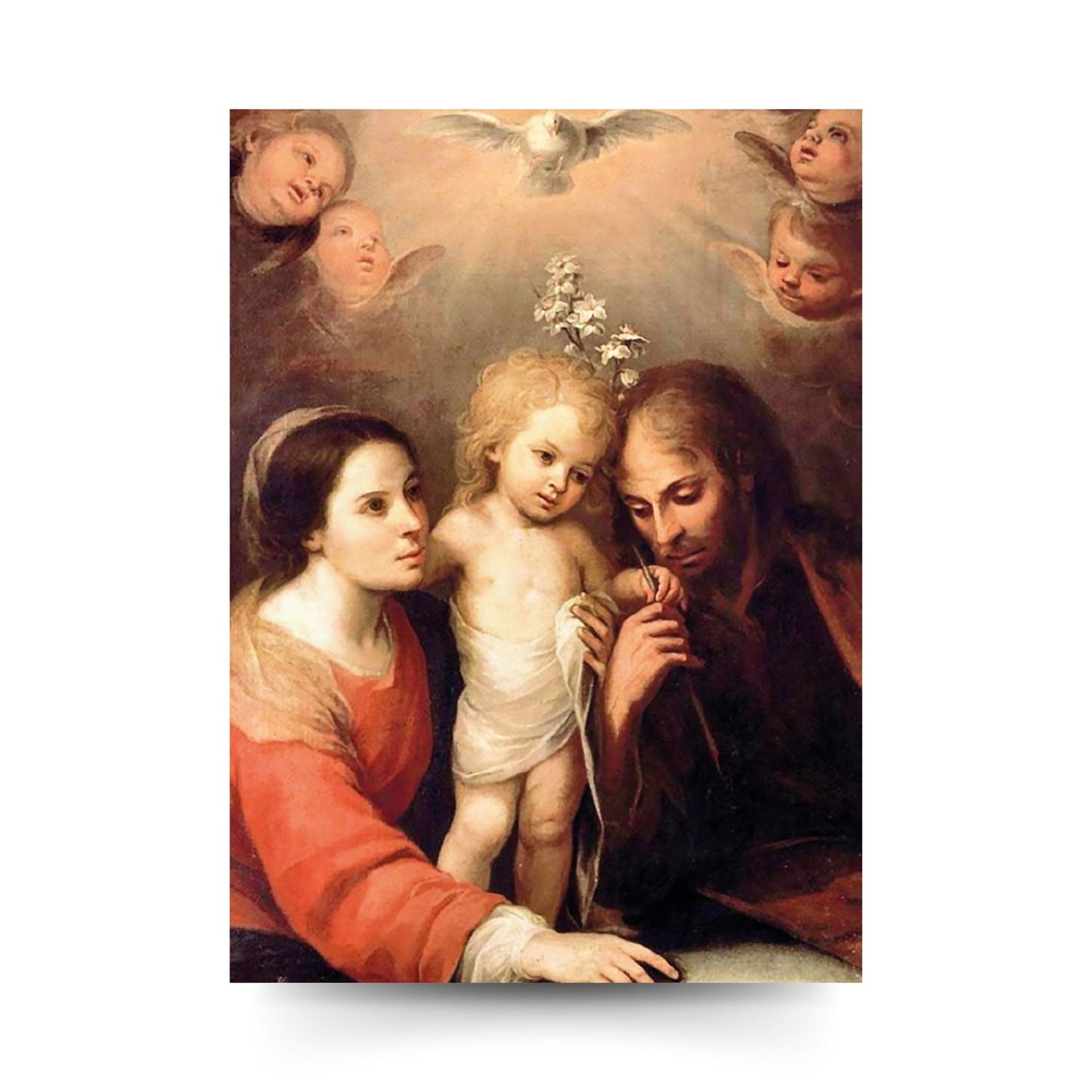 Santino Santa Famiglia e Spirito Santo. Sul retro "San Giuseppe, guida l'umanità"