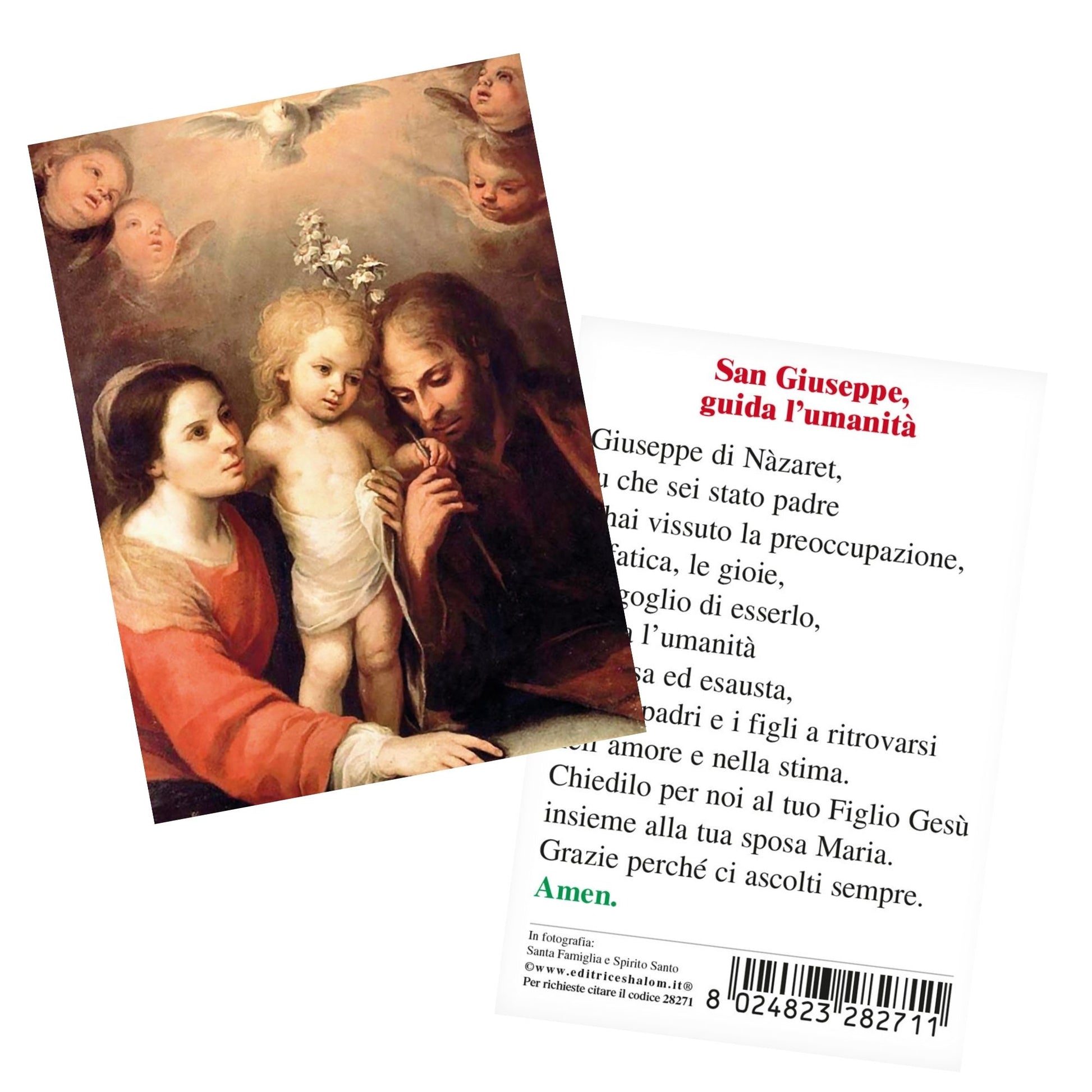 Santino Santa Famiglia e Spirito Santo. Sul retro "San Giuseppe, guida l'umanità"